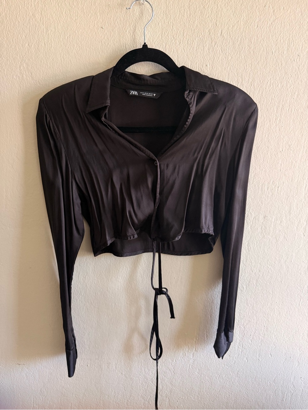 Zara Black Satin Cropped Button-Down Tie Shirt